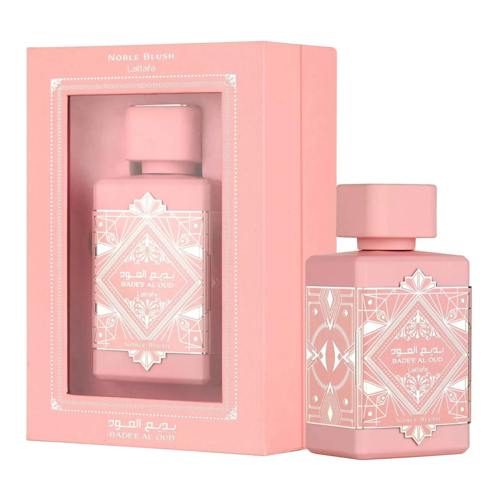 Lattafa Badee Al Oud Noble Blush Noble Blush bottle beside its presentation box