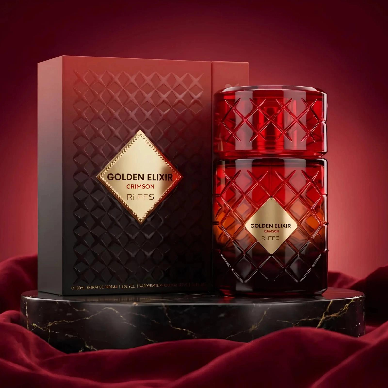 Riiffs Golden Elixir Crimson 100ML perfume bottle and box on a marble plinth with red velvet