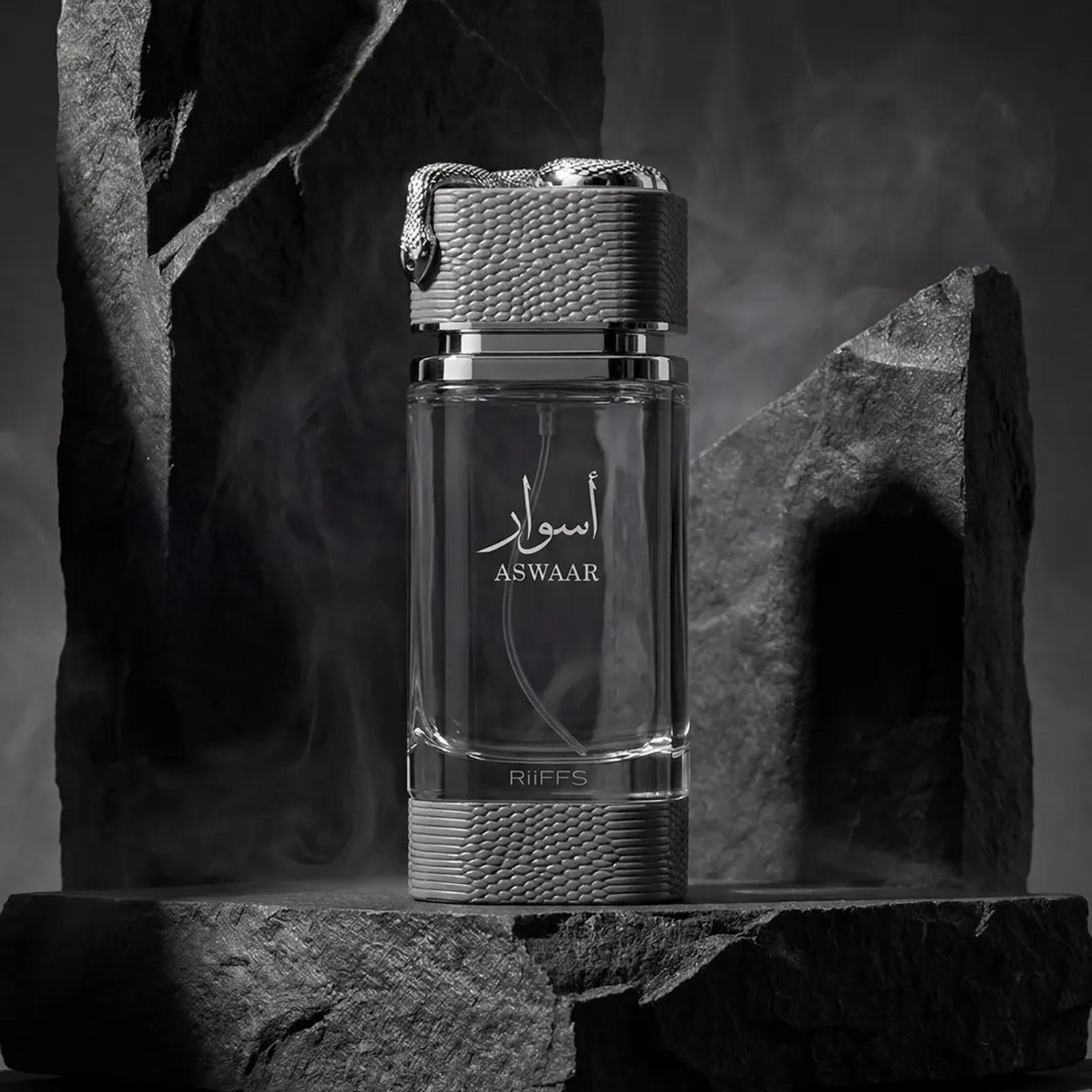 Riiffs Aswaar 100ML perfume bottle on grey stone