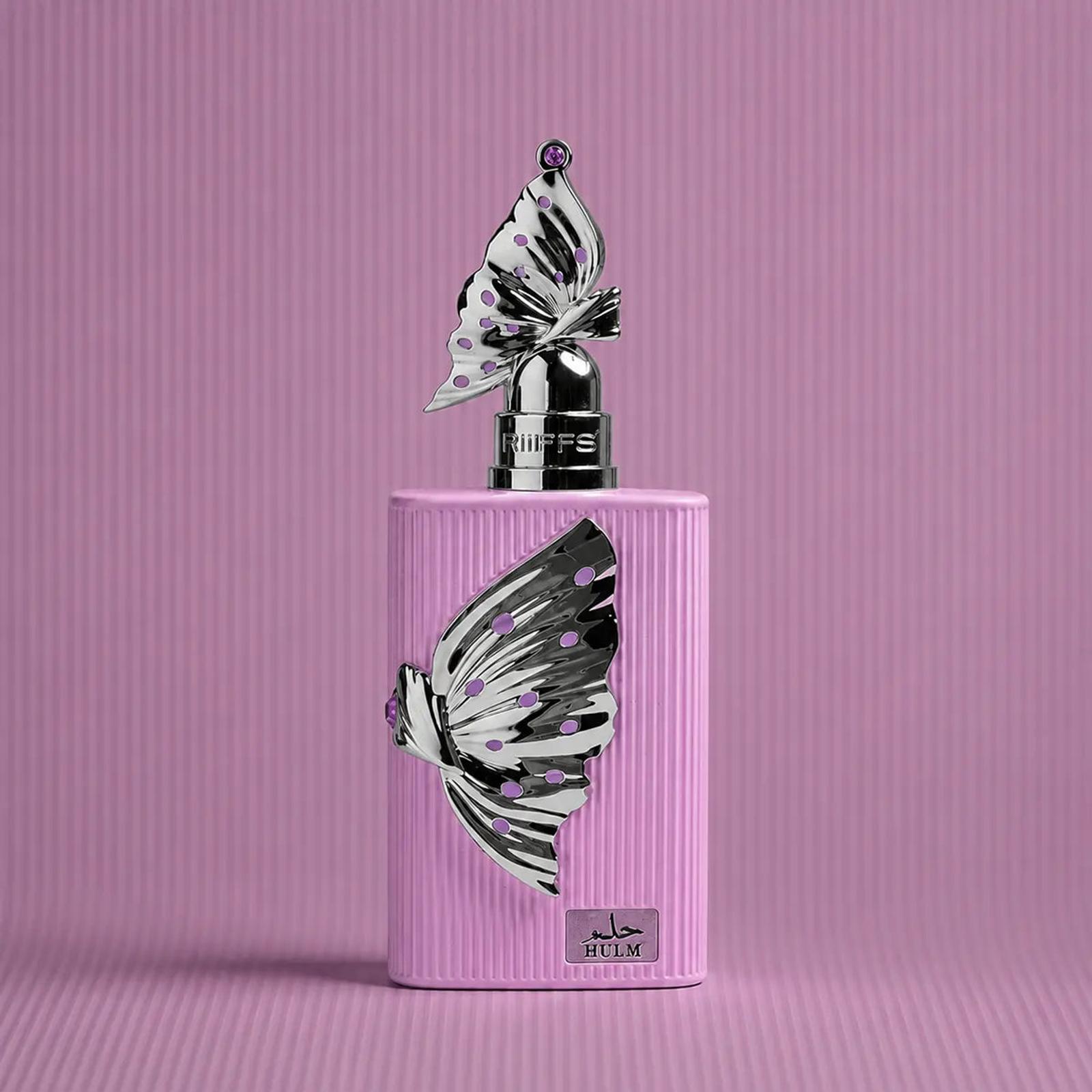 Riiffs Hulm 100ML perfume bottle on a lilac studio backdrop