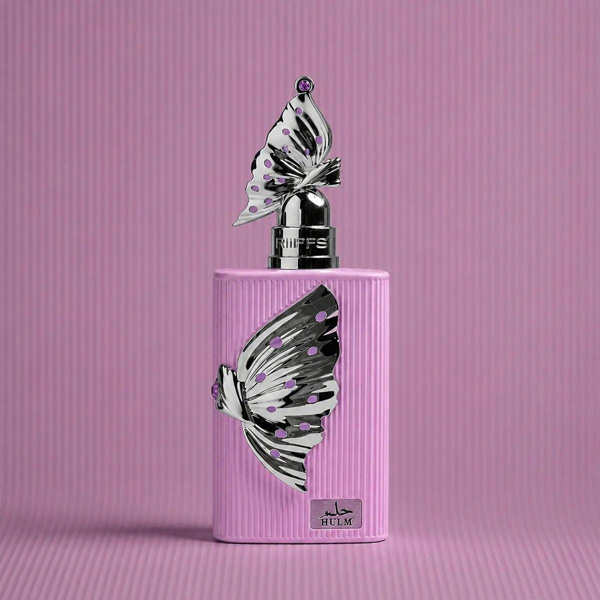 Riiffs Hulm 100ML perfume bottle on a lilac studio backdrop