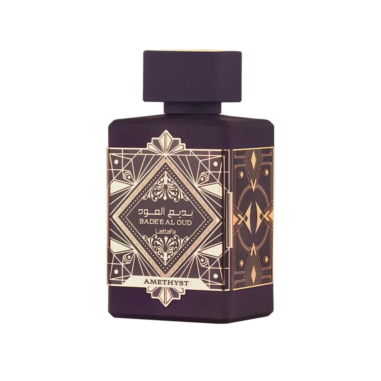 Lattafa Badee Al Oud Amethyst (Amethyst) 100ml Eau de Parfum, deep purple bottle with a rose-gold art-deco plaque