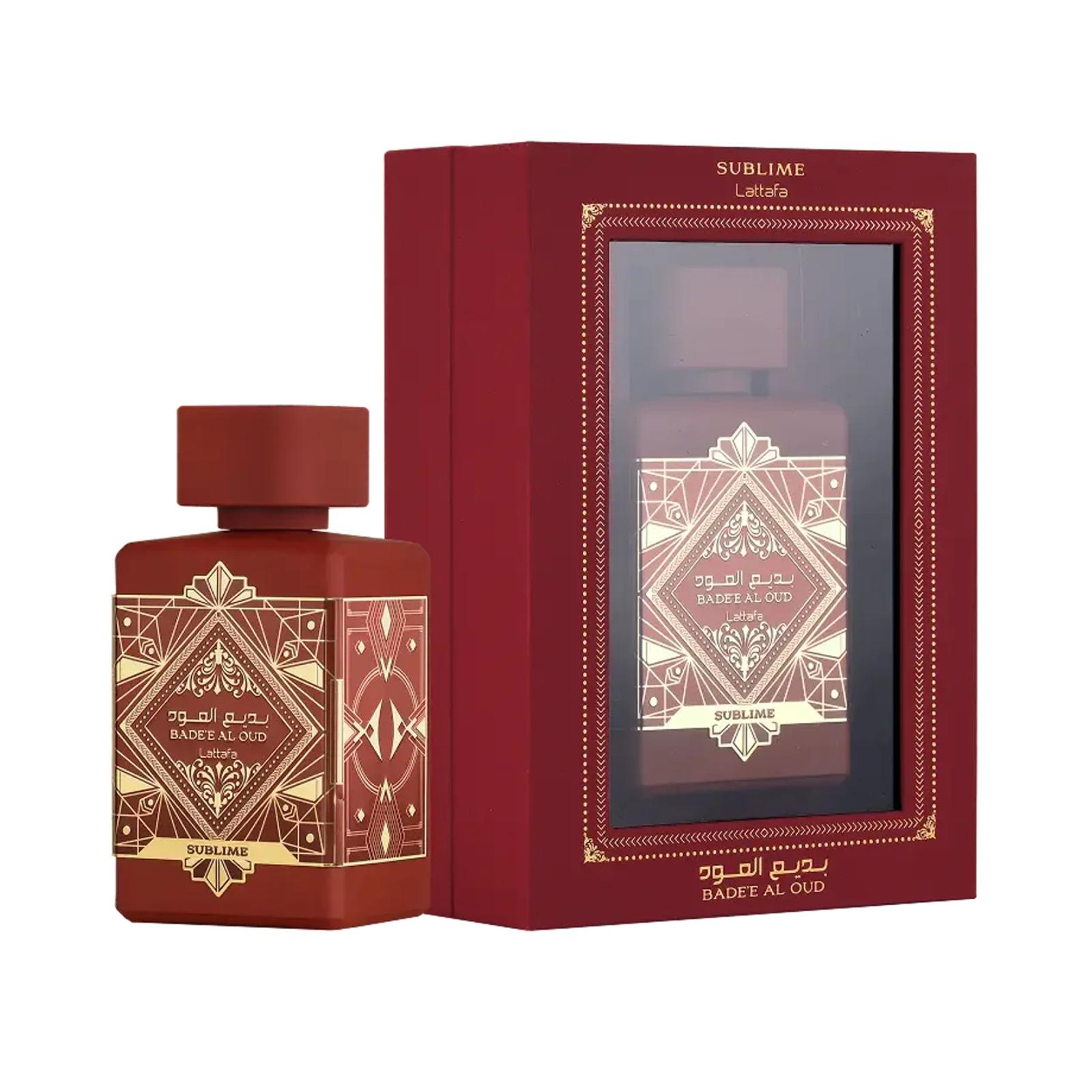 Lattafa Badee Al Oud Sublime Sublime bottle beside its presentation box
