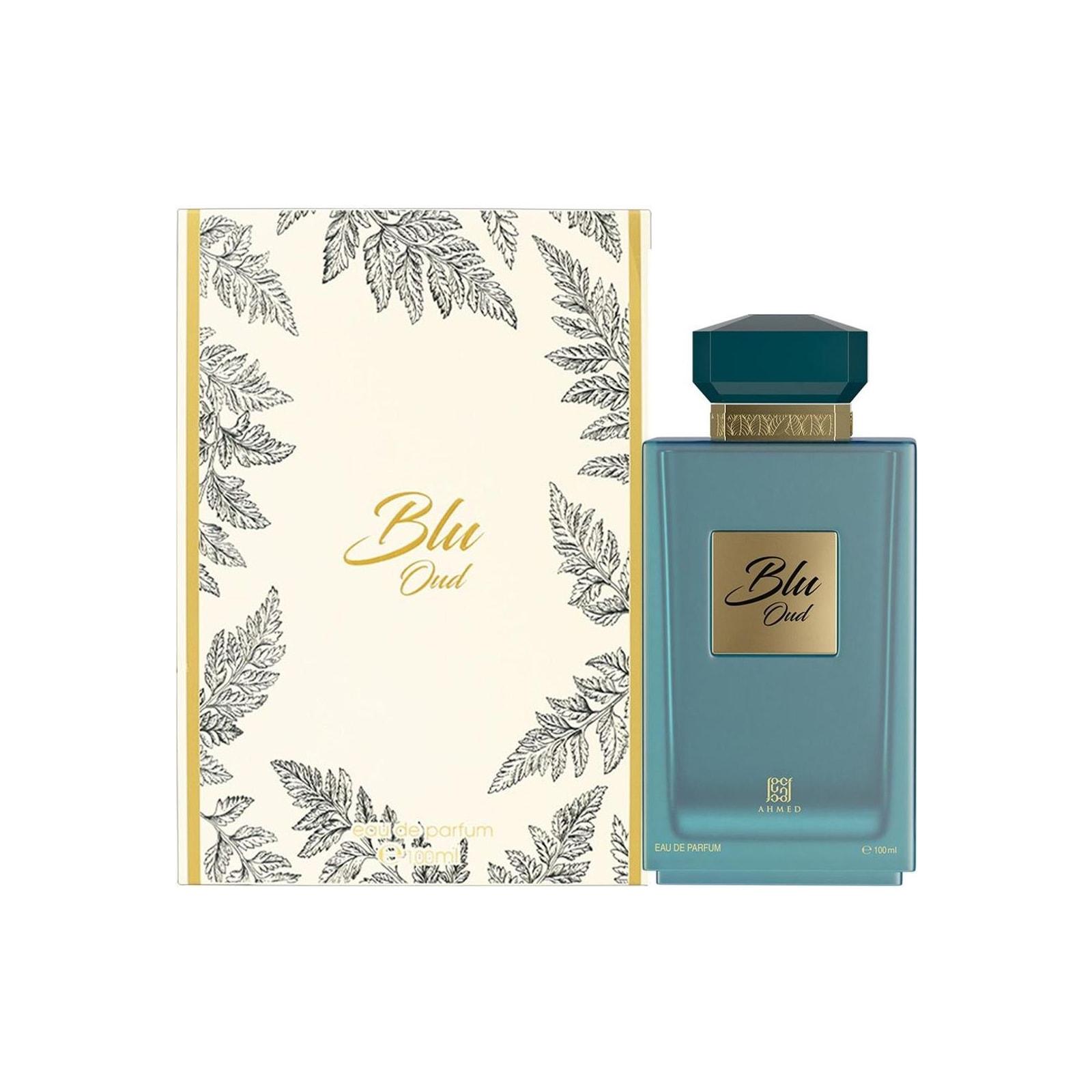 Ahmed Al Maghribi Blu Oud 100ml bottle shown with its sealed retail case