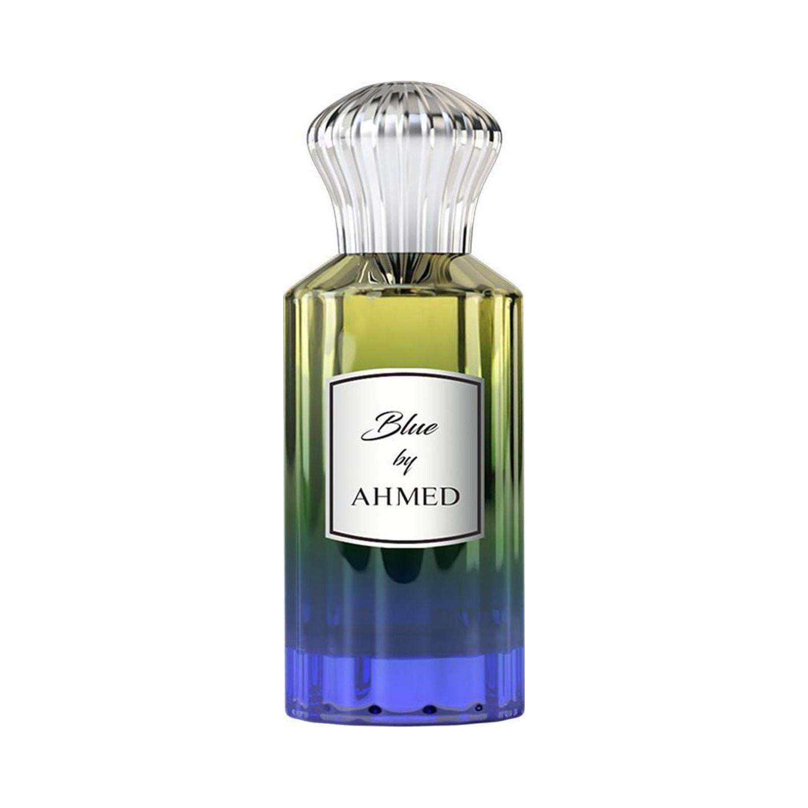 Ahmed Al Maghribi Blue by Ahmed 100ml perfume bottle on white