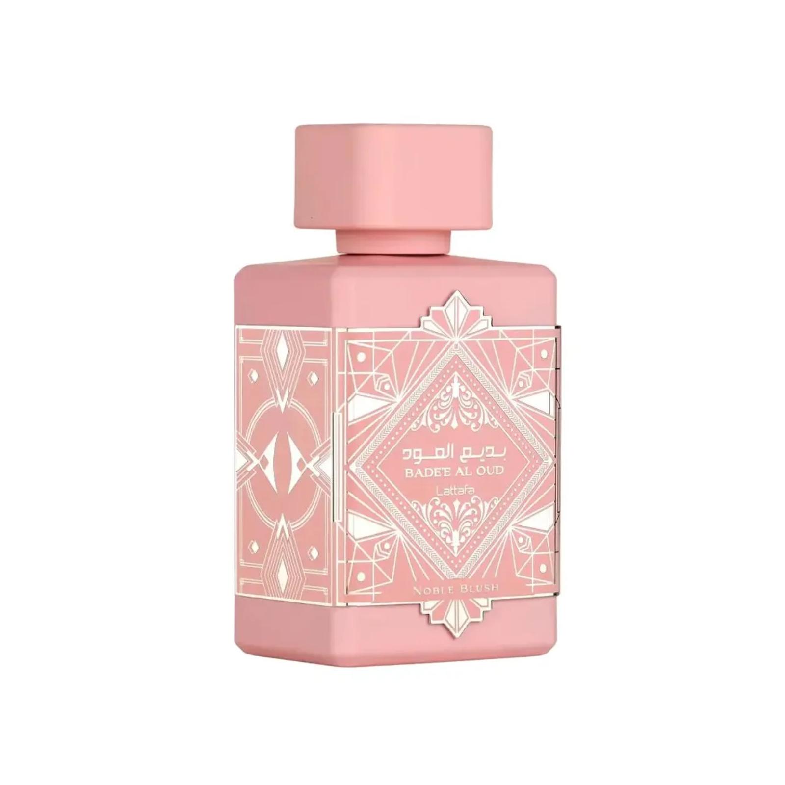 Lattafa Badee Al Oud Noble Blush (Noble Blush) 100ml Eau de Parfum, blush pink bottle with a silver art-deco plaque