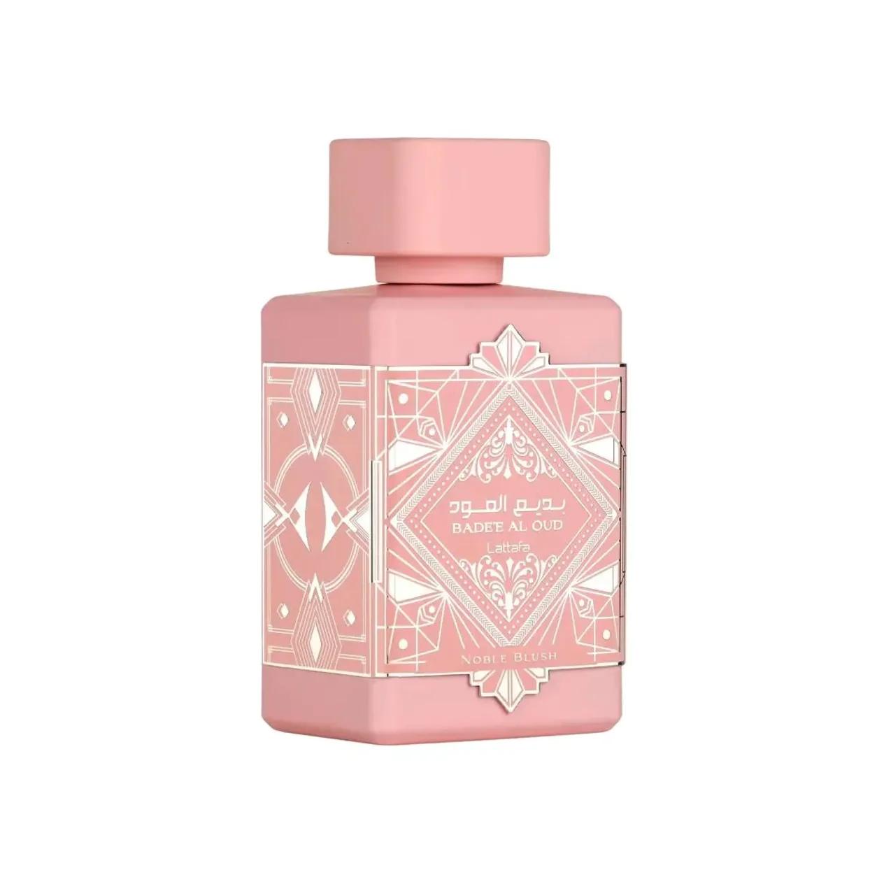 Lattafa Badee Al Oud Noble Blush (Noble Blush) 100ml Eau de Parfum, blush pink bottle with a silver art-deco plaque