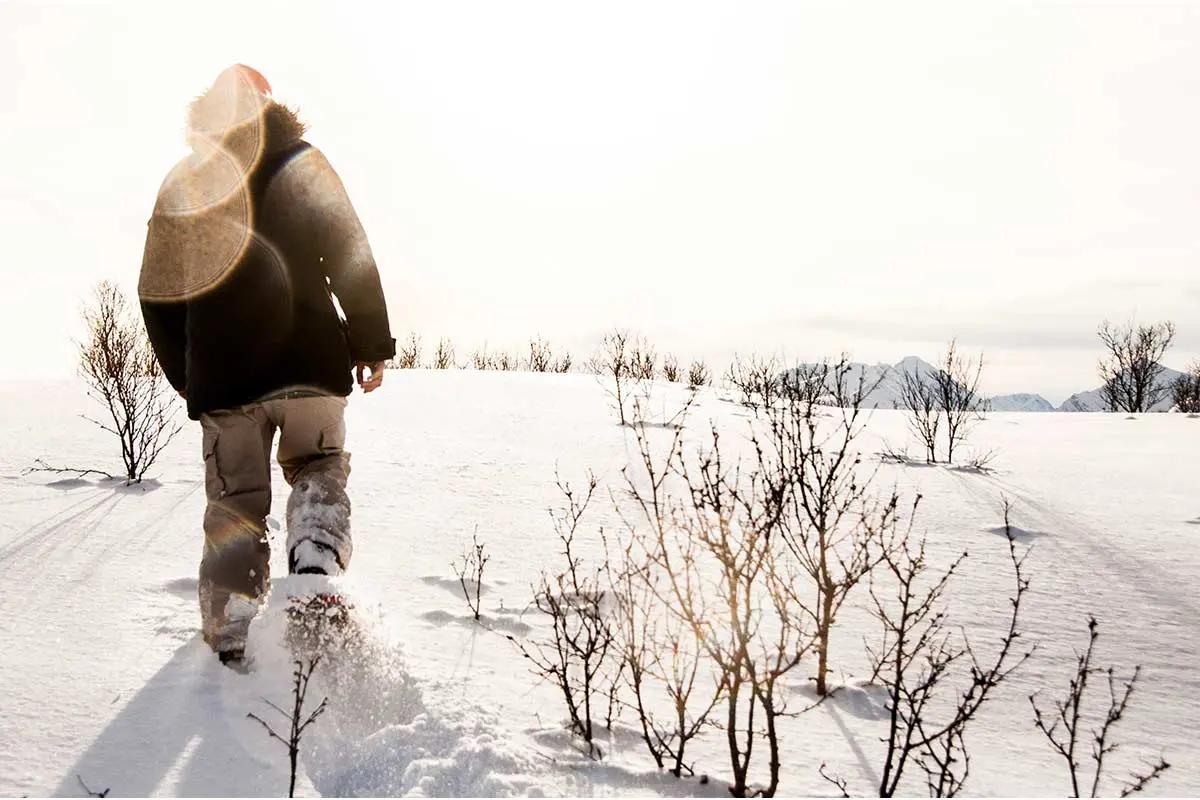Person med truger som går i landskapet på Spåkenes med Lyngsalpene i bakgrunn