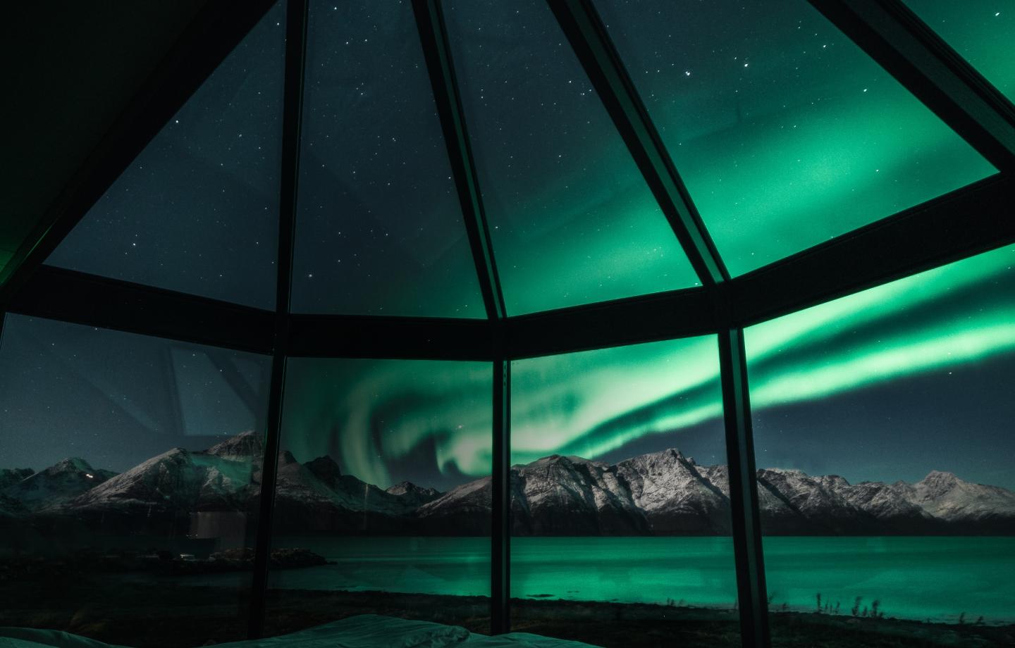 Northern lights seen from inside a glass igloo at Lyngen North in Norway.