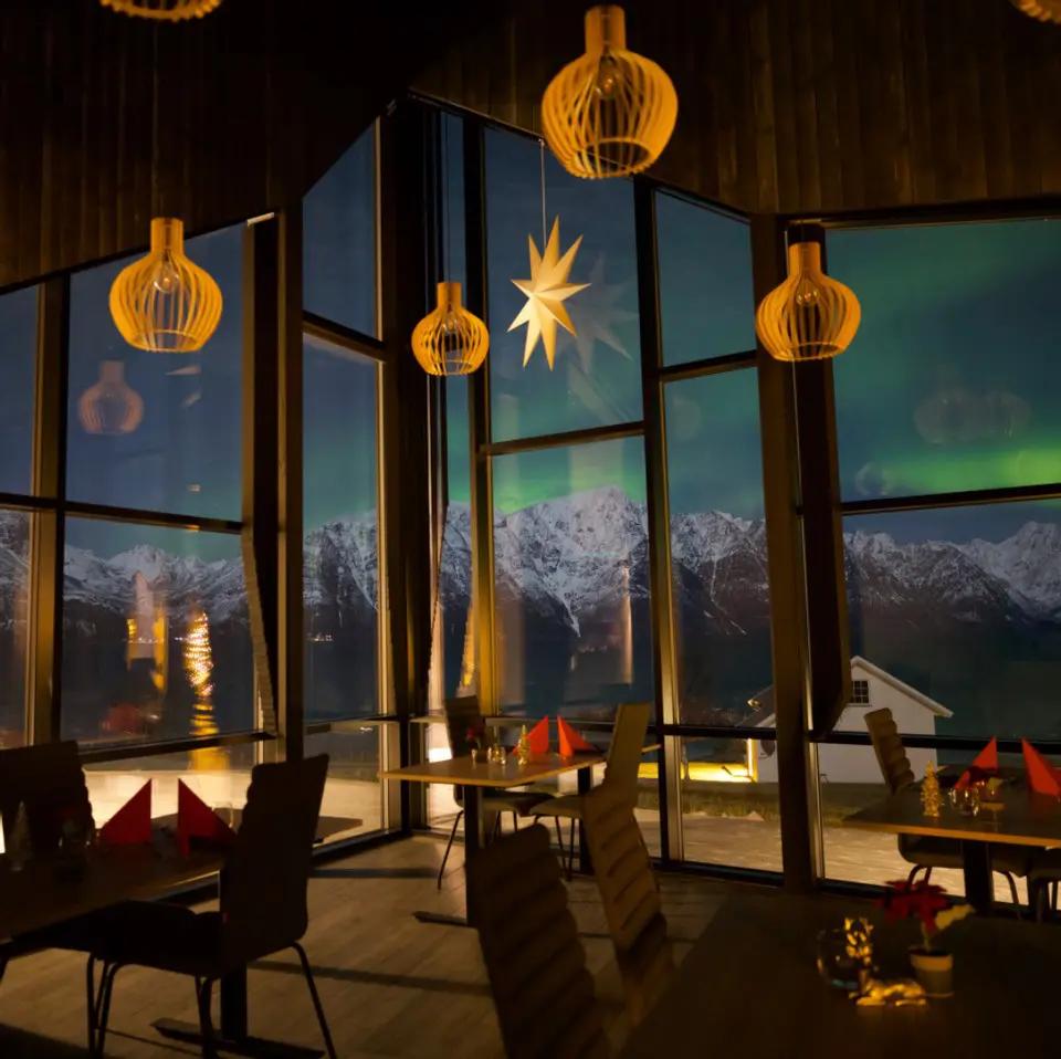 Northern lights seen from inside Restaurant Solvind