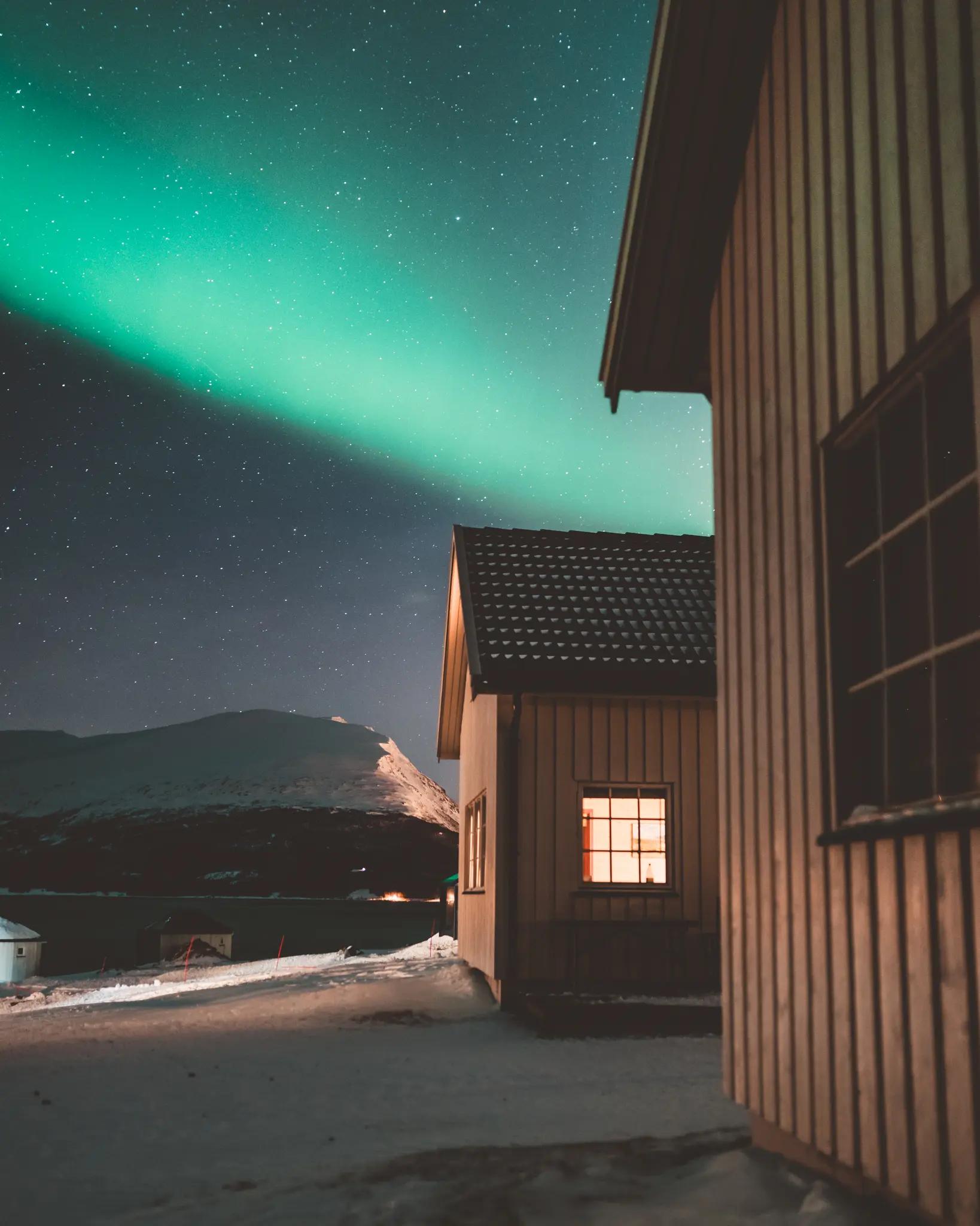 Northern lights outside the Sea cabins at Lyngen North