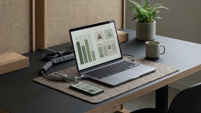 Laptop and smartphone displaying abstract market-alert dashboards on a calm workspace.
