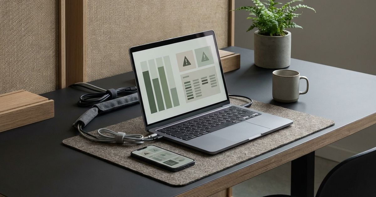 Laptop and smartphone displaying abstract market-alert dashboards on a calm workspace.