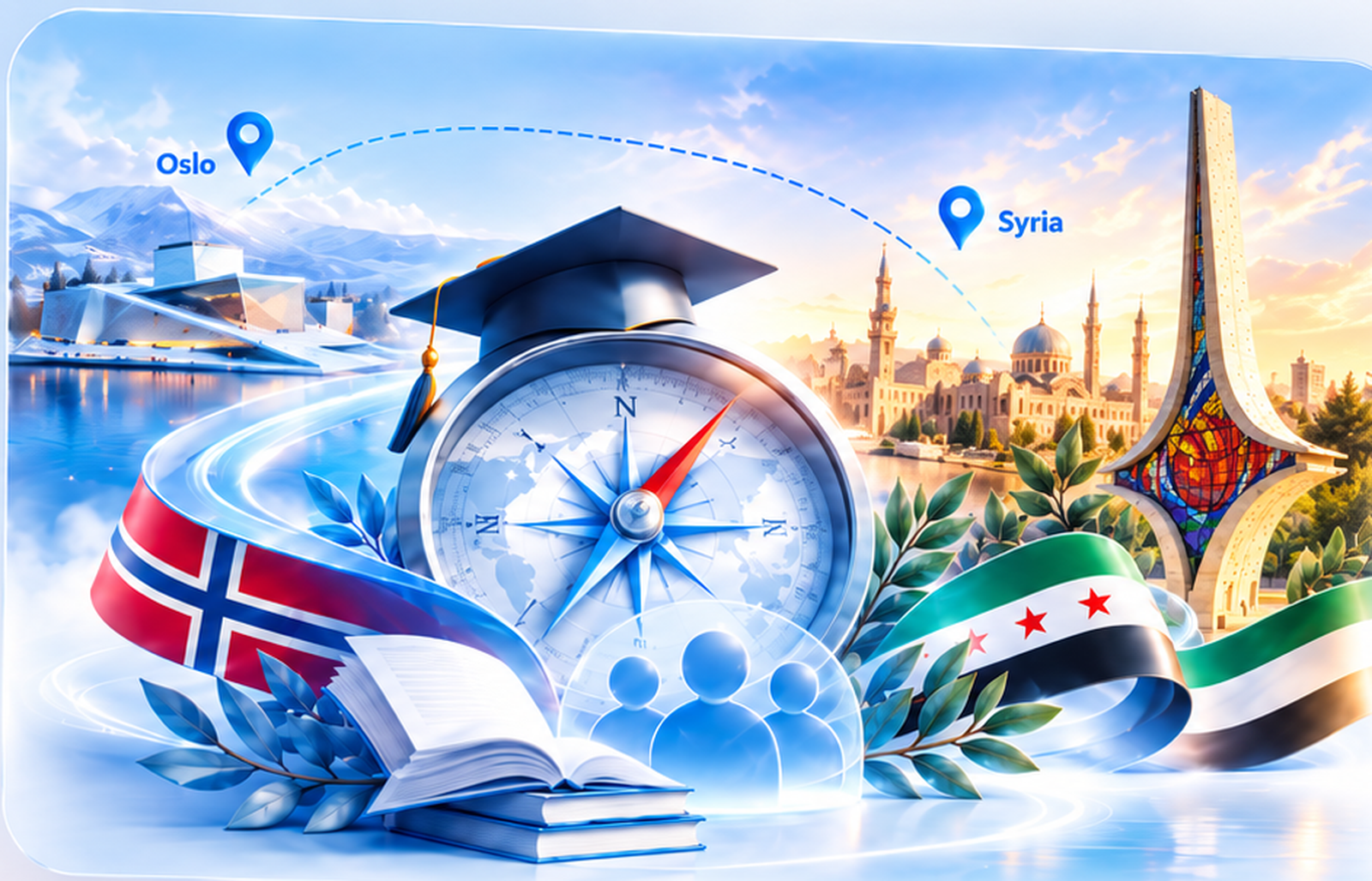 هوية منظمة الطالب السوري في النرويج: أوسلو ودمشق والتعليم والطلبة مع نصب السيف الدمشقي في ساحة الأمويين