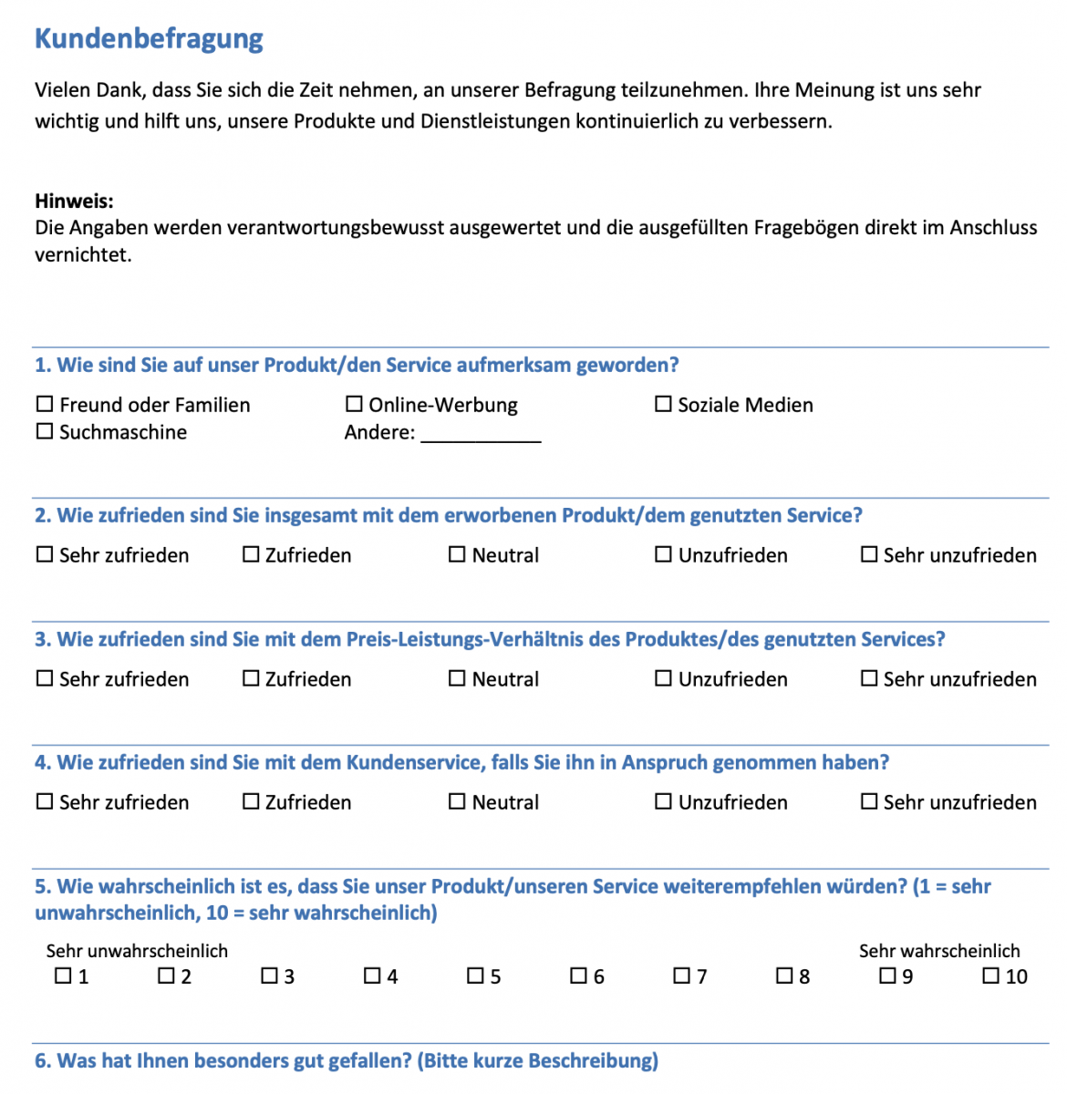 Kundenbefragung Vorlage in Word für Fragebogen zur Messung der Kundenzufriedenheit mit NPS, Net Promoter Score