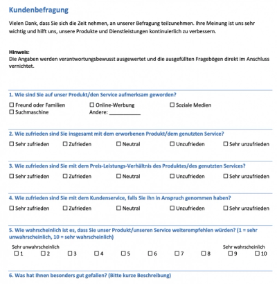 Preview of the Word template for a customer survey with Net Promoter Score