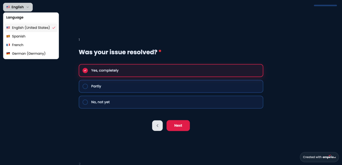A multilingual survey in empirio.ai with the language menu open, showing English, Spanish, French, and German