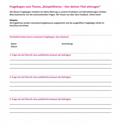Preview of the Word template for a questionnaire with open text questions
