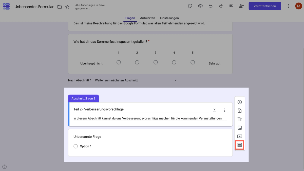 Formular in Google Forms über Abschnitt hinzufügen in mehrere Seiten aufteilen