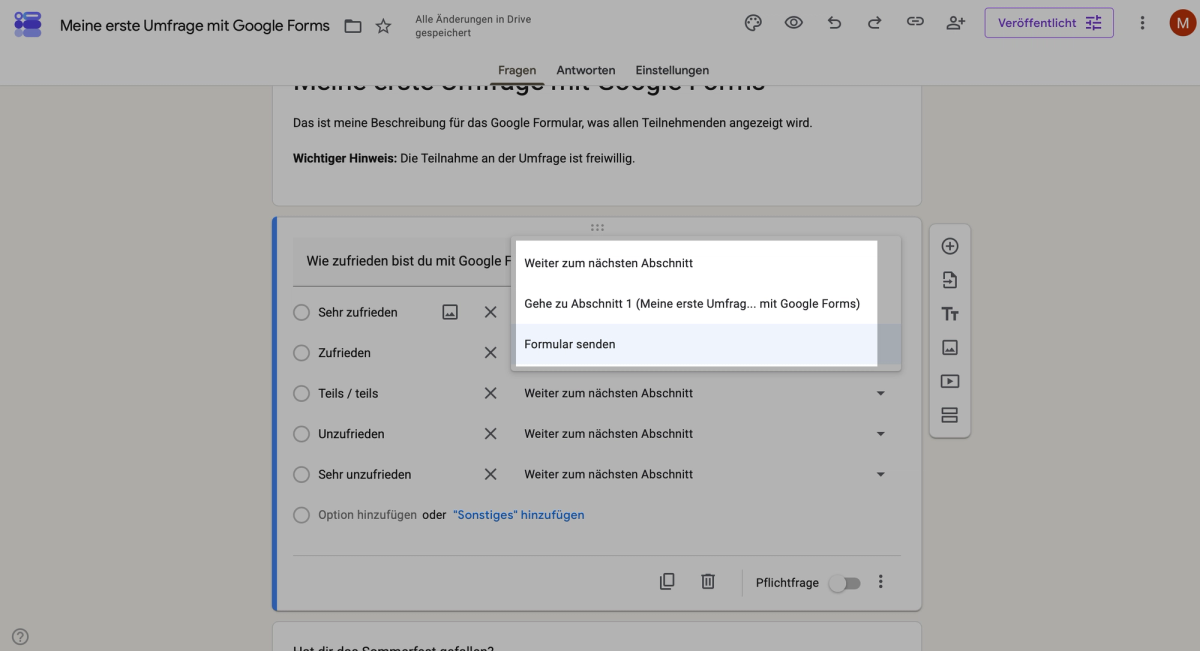 Google Forms ohne Abschnitte: als Sprungziel steht nur Formular senden zur Auswahl