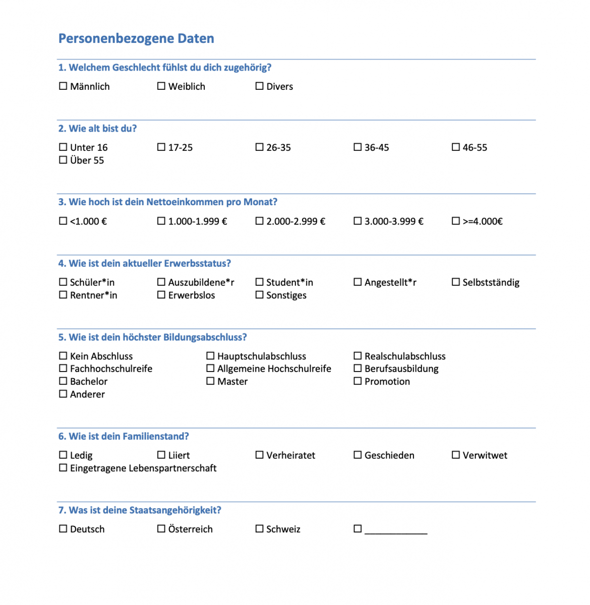 Vorlage in Word für Fragebogen mit Fragen zu den demographischen Daten wie Alter, Geschlecht und Co.