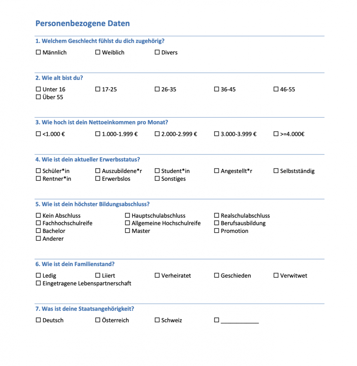 Plantilla en Word para cuestionario con preguntas sobre datos demográficos como edad, sexo, etc.