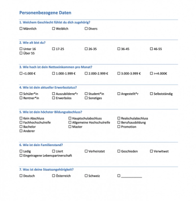 Preview of the Word template for demographic questions on age and gender