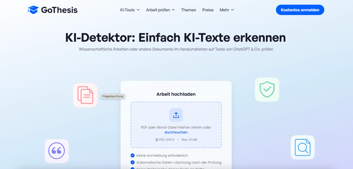 GoThesis KI-Detektor: markiert KI-Stellen in der Arbeit in drei Wahrscheinlichkeitsstufen
