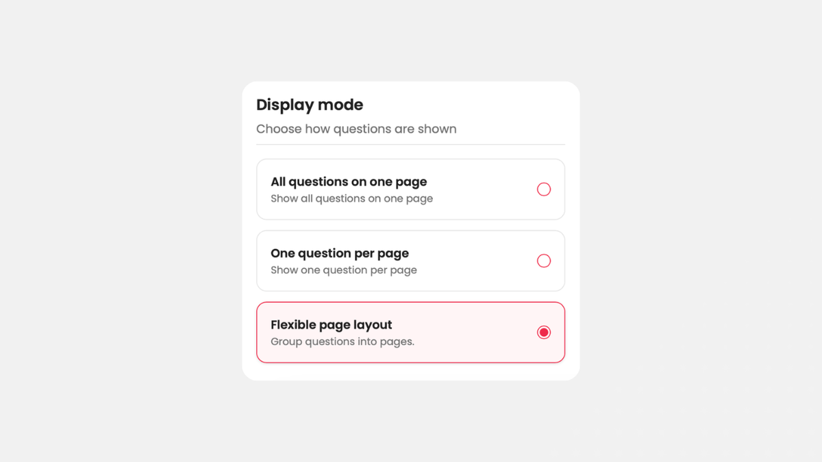 The three display modes in the empirio.ai editor: all questions on one page, one question per page and the new flexible page layout