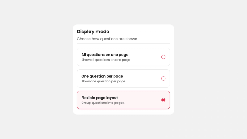 Die drei Anzeigemodi im Editor von empirio.ai: alle Fragen auf einer Seite, eine Frage pro Seite und neu das flexible Seitenlayout