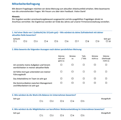 Preview of the Word template for an employee survey questionnaire