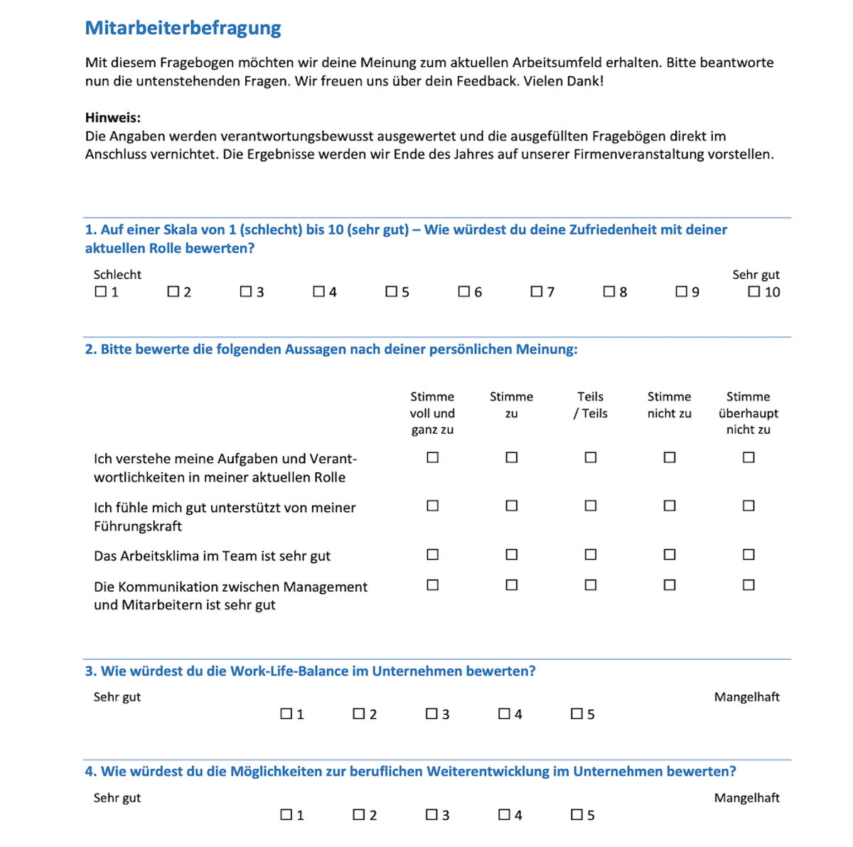 Vorlage in Word für Fragebogen zur Mitarbeiterbefragung