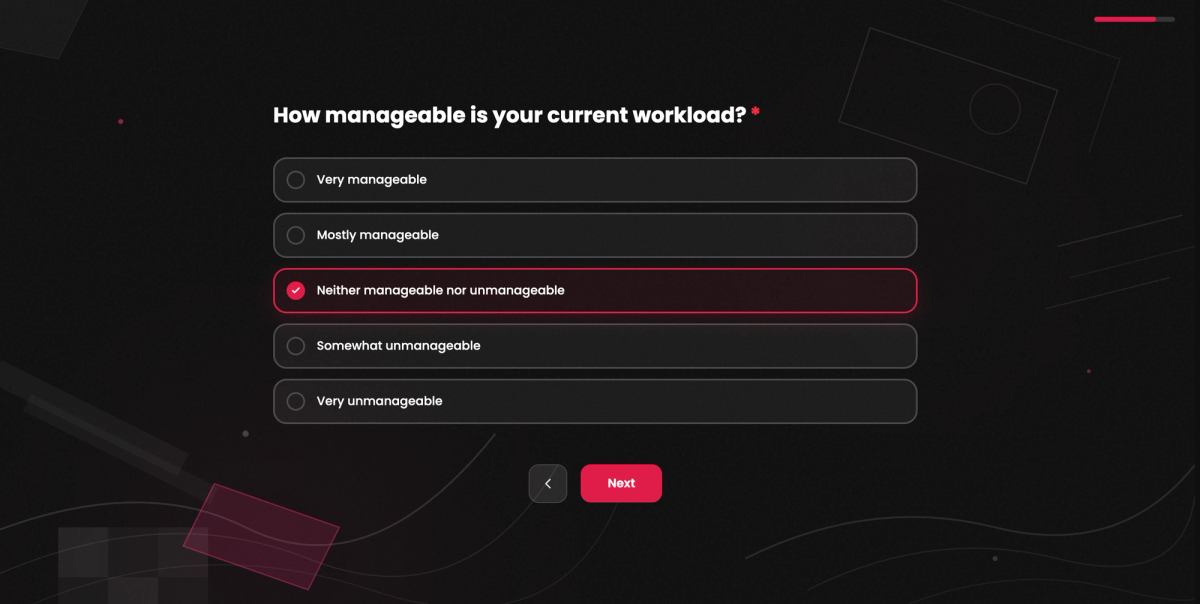 Question page of an online survey with a question on workload and a five-point answer scale