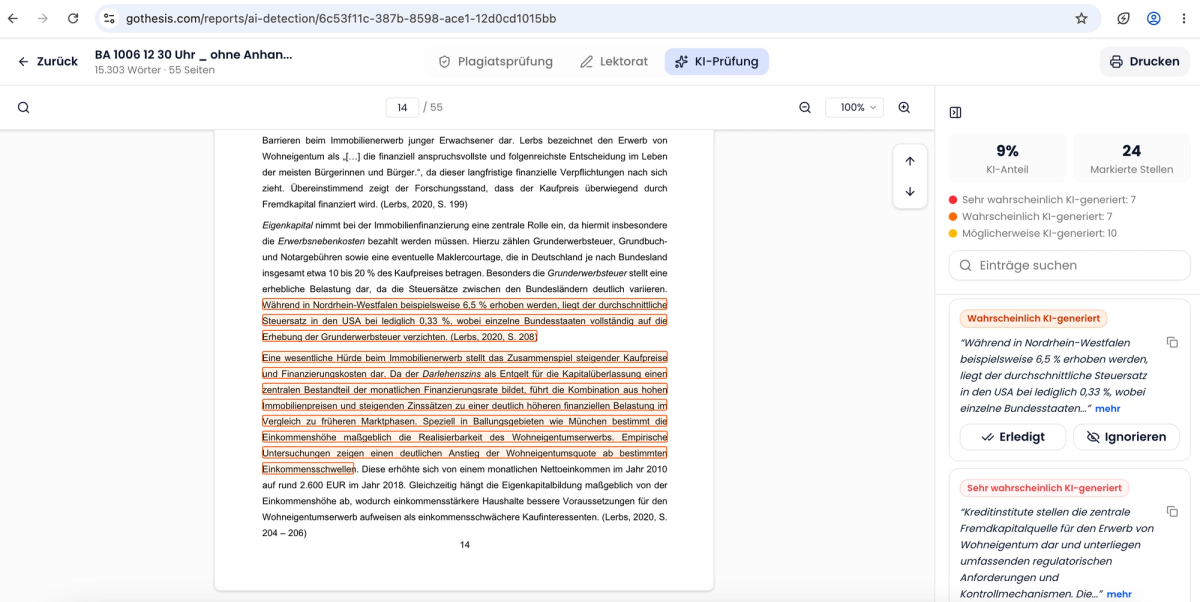 KI-Detektor von GoThesis: markierte KI-Stellen im Text der Arbeit