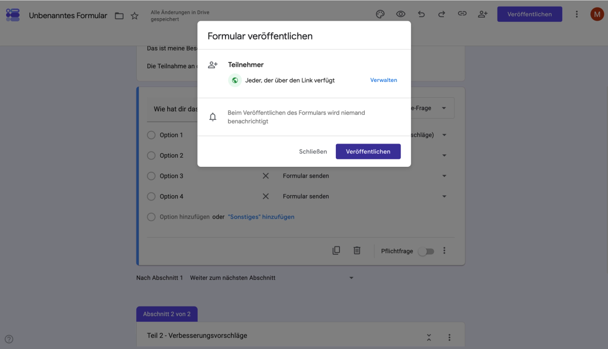 Google-Forms-Umfrage über den Button Veröffentlichen freigeben