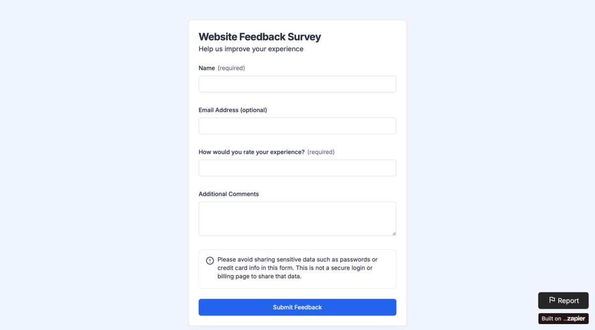 A form built with Zapier Forms: the rating question is a plain text field, and the Built on Zapier note sits in the bottom right