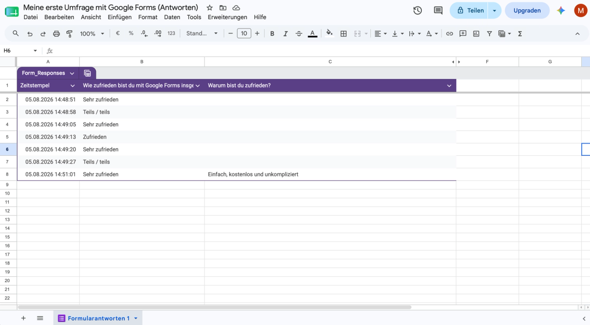 Antworten einer Google-Forms-Umfrage in der verknüpften Google-Tabelle