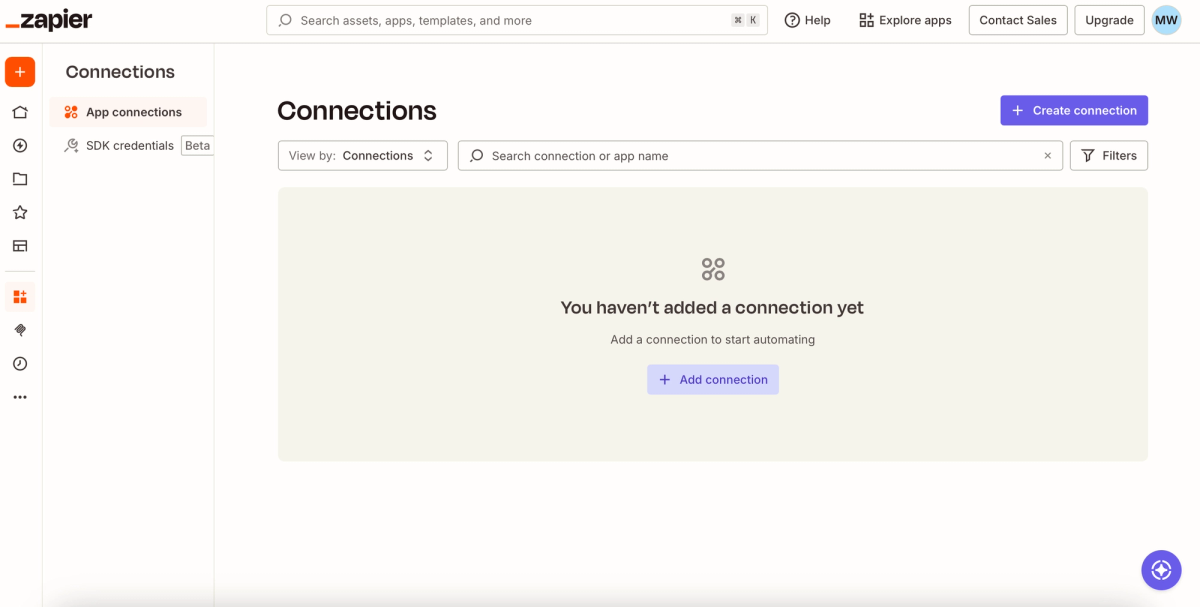 The still empty overview of app connections in Zapier with the button for creating a connection