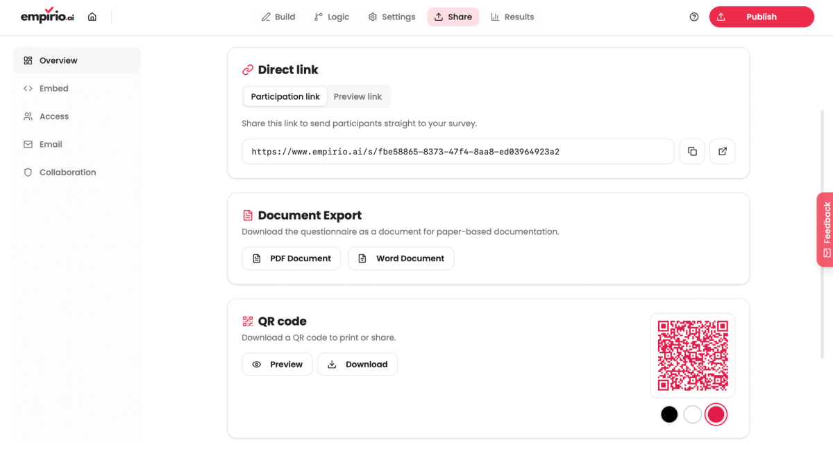 empirio.ai: the QR code area under Share and Overview, with the preview and download buttons and the three color dots