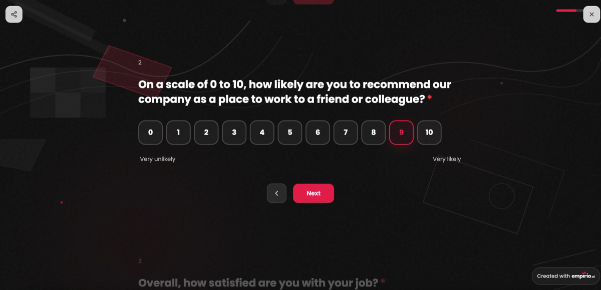 eNPS question in an empirio.ai employee survey asking how likely someone is to recommend the company as a place to work, answered on a scale from 0 to 10
