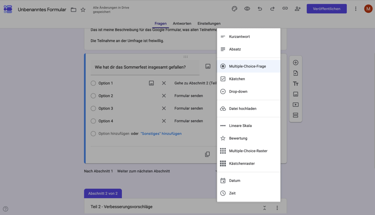 Verschiedene Fragetypen für unterschiedliche Einsatzmöglichkeiten im Umfrage-Tool Google Forms.
