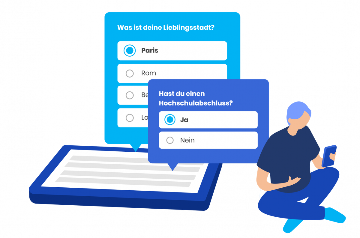Schematische Darstellung von einem Studenten, der eine Datenerhebung für die Uni mit einer Befragung durchführt
