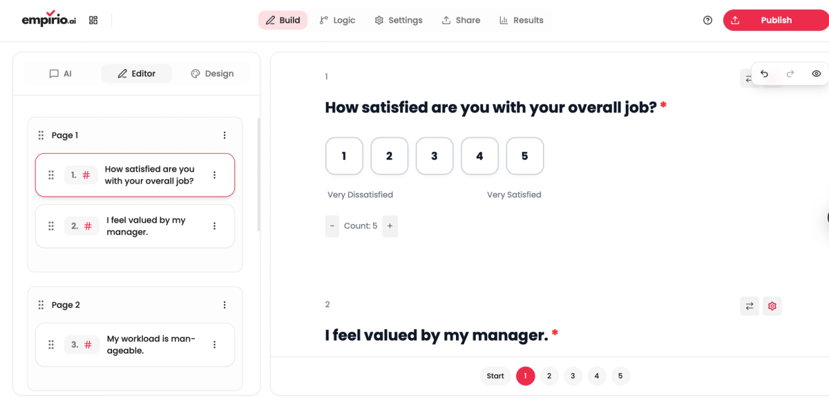 The empirio.ai editor with the flexible page layout: questions grouped under Page 1 and Page 2 on the left, and a preview with two questions on one page on the right