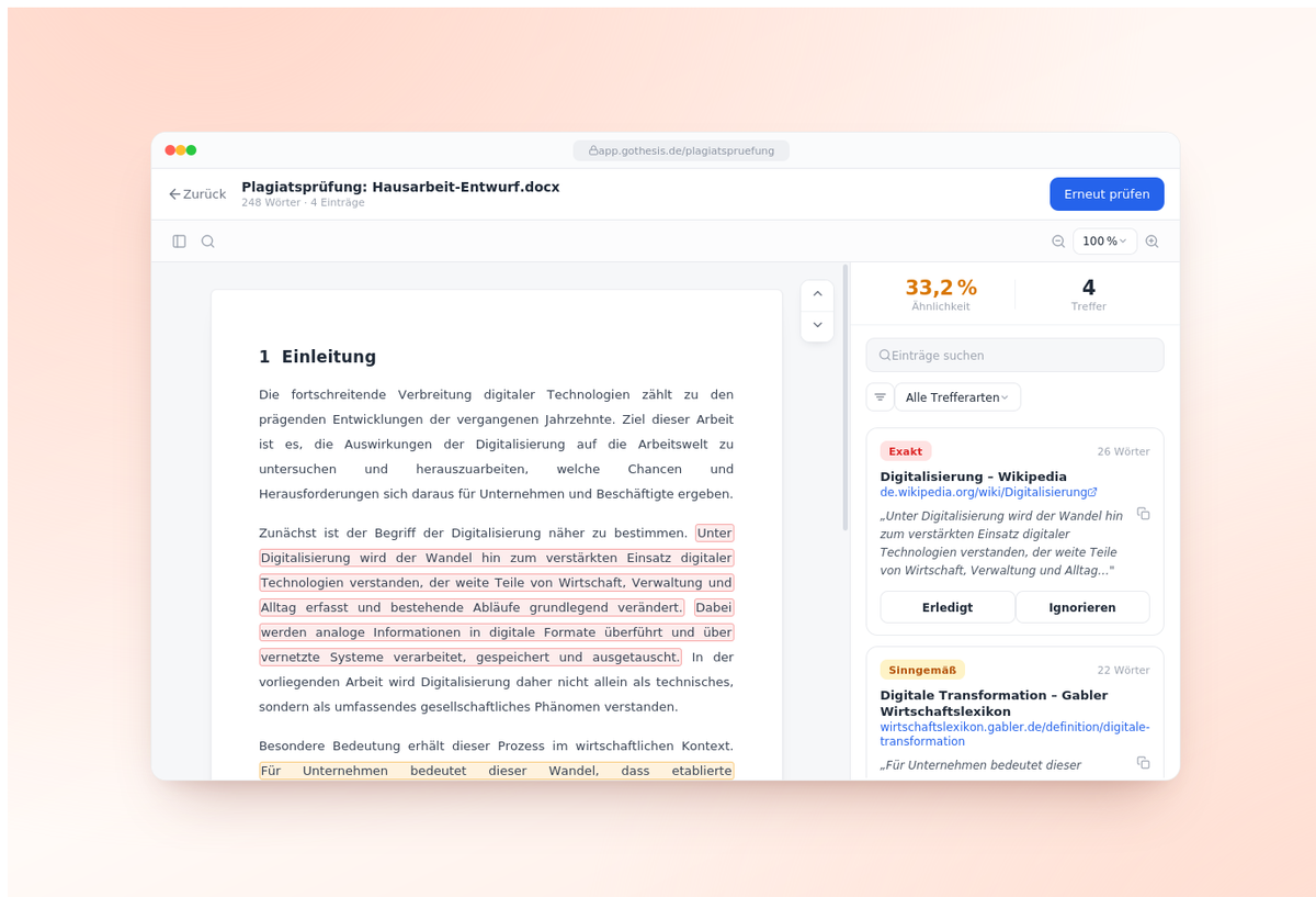 Ein Beispiel für eine moderne Plagiatsprüfung Software für Hausarbeiten, Bachelorarbeiten oder Masterarbeiten