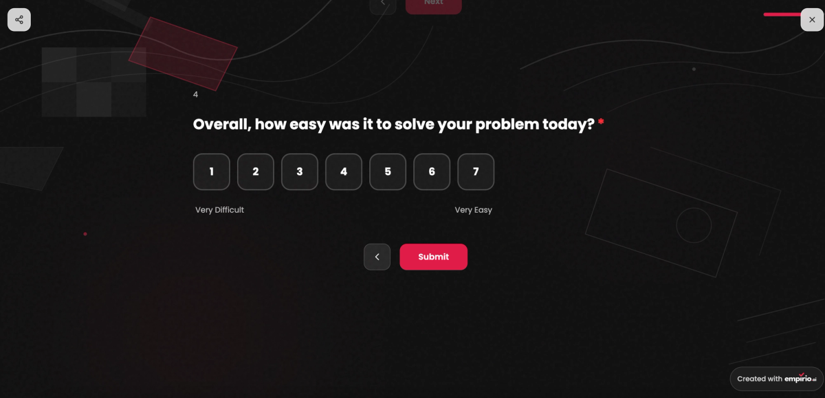 Live CES question in empirio.ai asking how easy it was to solve a problem, with seven answer boxes running from very difficult to very easy