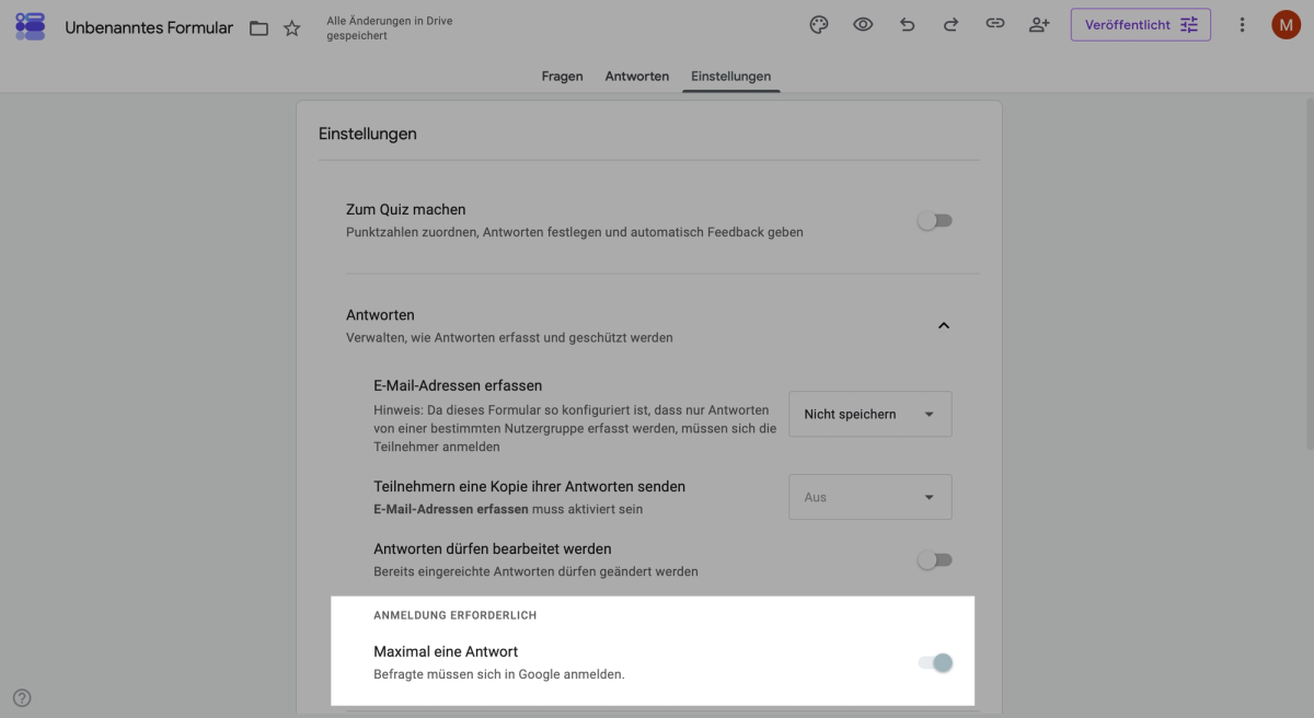 Einstellung Maximal 1 Antwort in Google Forms, um Mehrfachteilnahmen zu begrenzen
