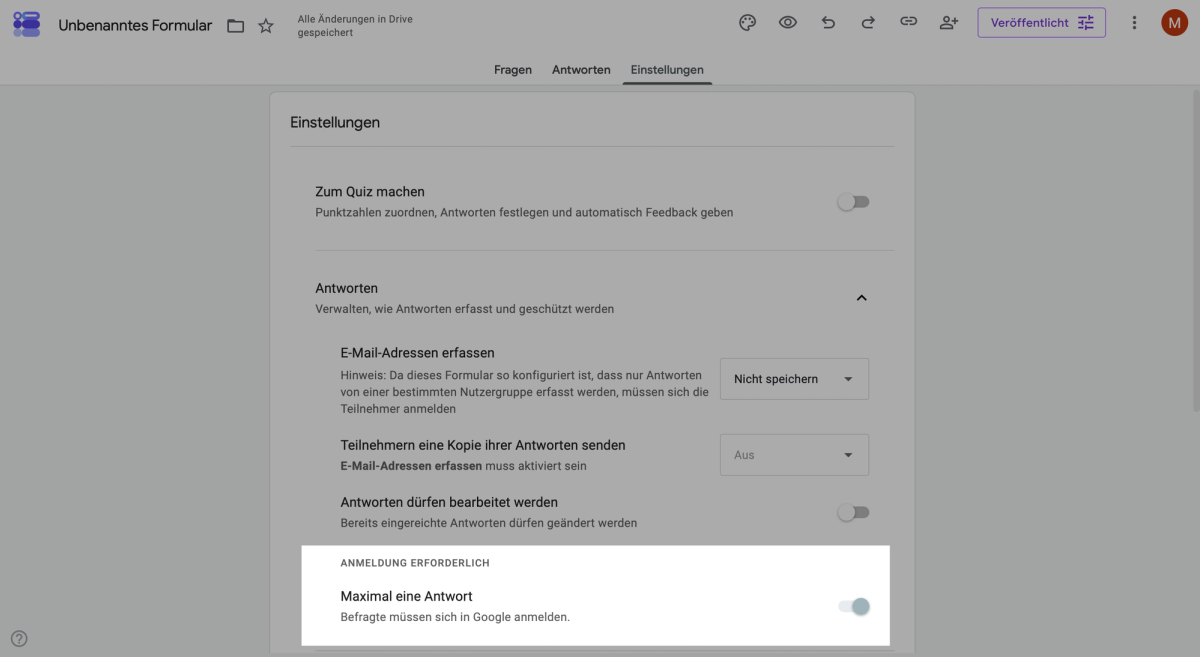 Einstellung Maximal 1 Antwort in Google Forms, um Mehrfachteilnahmen zu begrenzen