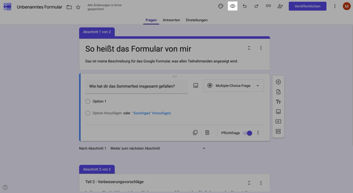 Vorschau einer Google-Forms-Umfrage über das Augen-Symbol starten