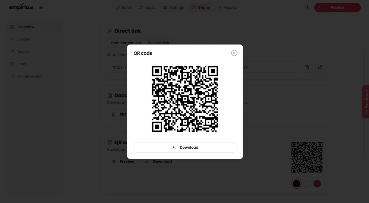 empirio.ai: the enlarged preview of the QR code in black with the download button
