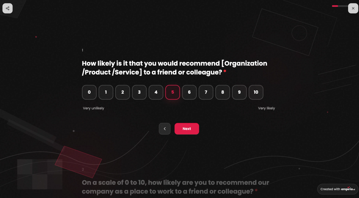 The NPS question live in an empirio.ai survey: likelihood to recommend on a scale from 0 (very unlikely) to 10 (very likely)